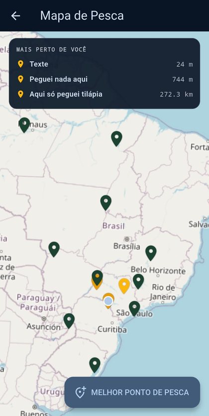 Mapa de pesca com pontos pelo Brasil